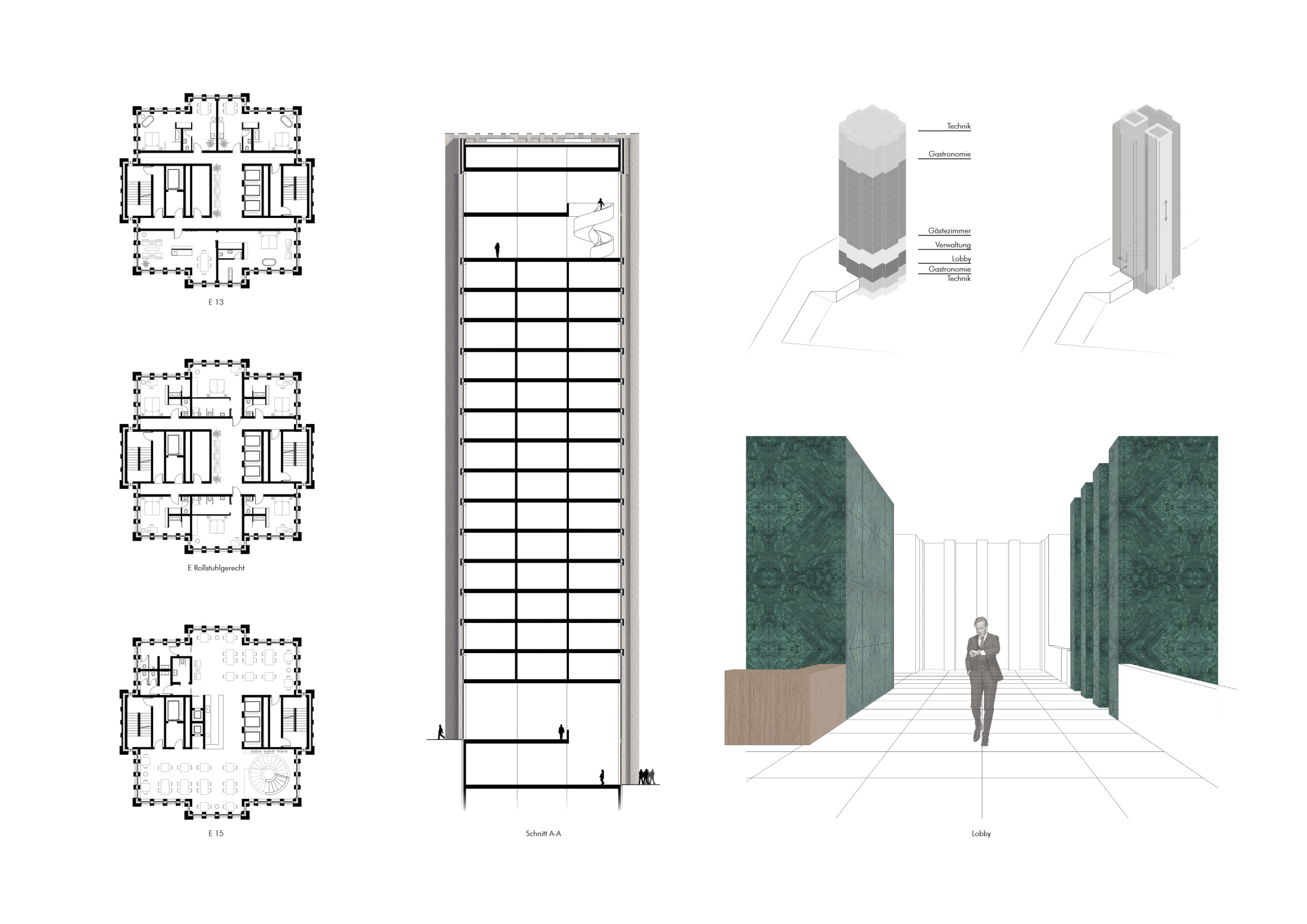 Grundrisse, Schnitt A-A und Lobby-Rendering